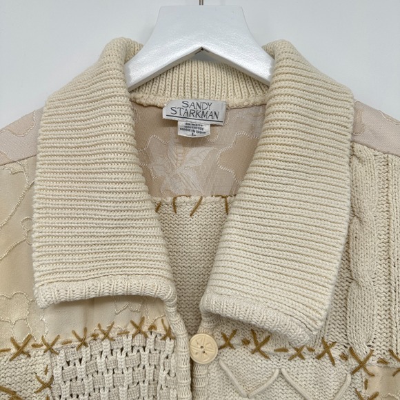 Vintage Sandy Starkman Cardigan Sweater Large Embroidered Chunky Knit Neutral - Picture 6 of 16